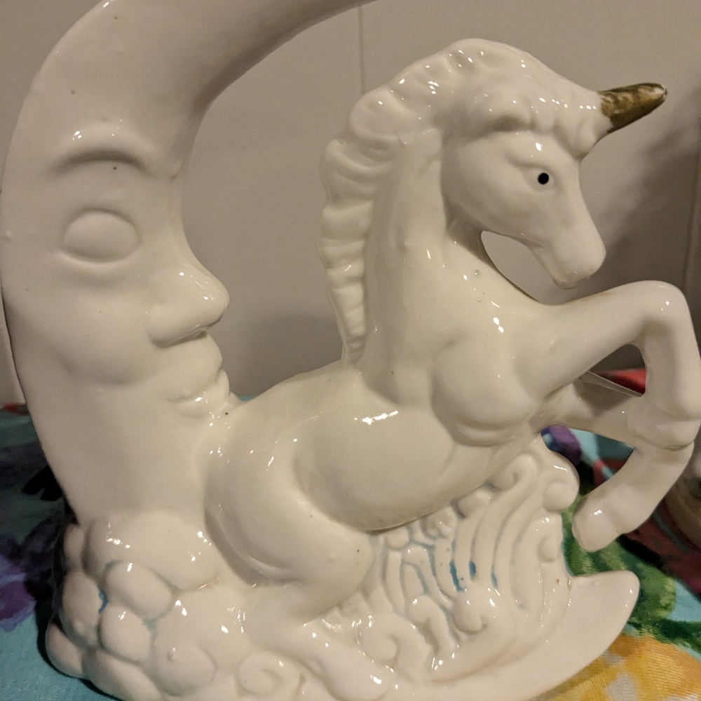 White Ceramic Unicorn and Moon Sculpture Art